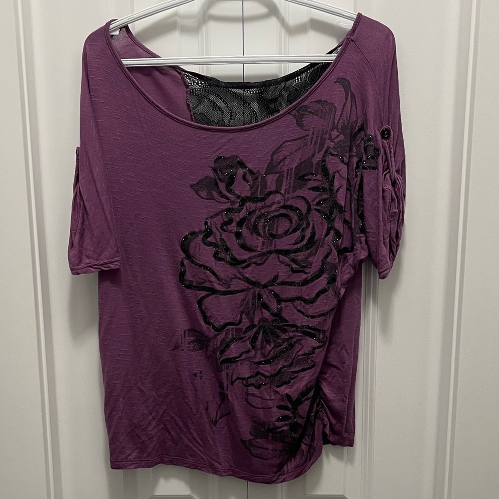 Large purple graphic top with black lace
